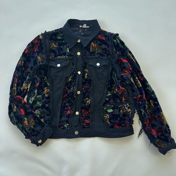 Adore Denim Sheer Panel Embroidered Velvet Floral Fringe Jacket Small Black - Picture 5 of 13